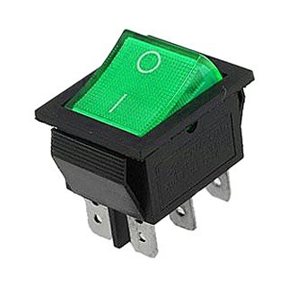 Переключатель клавишный KCD2-202N-2, 220V, зеленый, 6pin, ON-ON